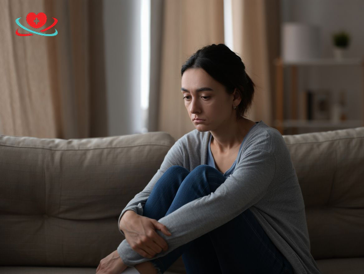 Грустная девушка сидит на диване